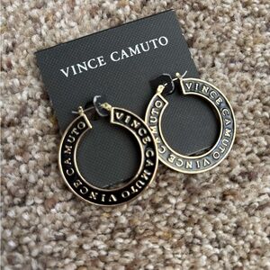 Vince Camuto Black and Gold Logo Hoop Earrings